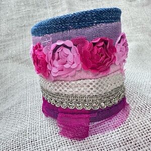 Wide Cuff Bracelet Boho Fabric Embellished Floral & Jeweled Trim Handmade 7-8